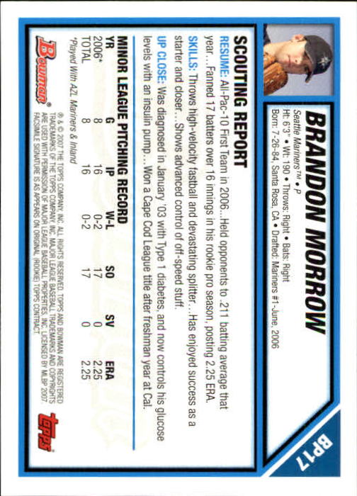 2007 Bowman Prospects #BP17 Brandon Morrow back image