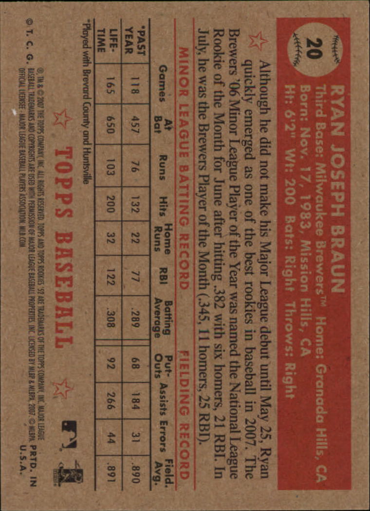 2007 Topps 52 #20a Ryan Braun (RC) back image