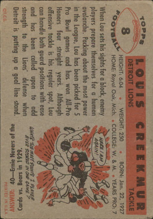 1956 Topps #8 Lou Creekmur back image