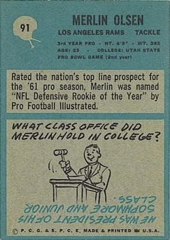 1964 Philadelphia #91 Merlin Olsen RC back image