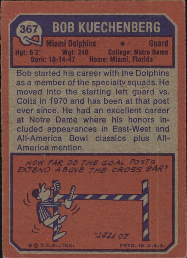 1973 Topps #367 Bob Kuechenberg RC back image