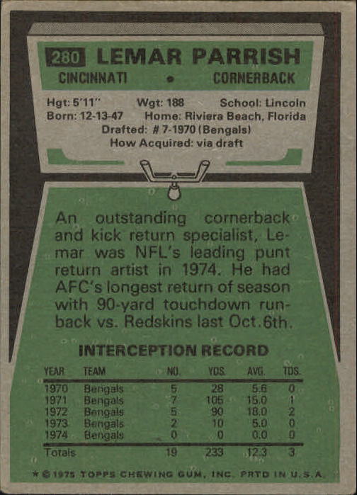 1975 Topps #280 Lemar Parrish back image
