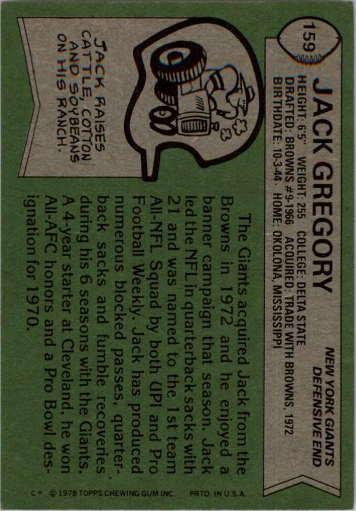 1978 Topps #159 Jack Gregory back image