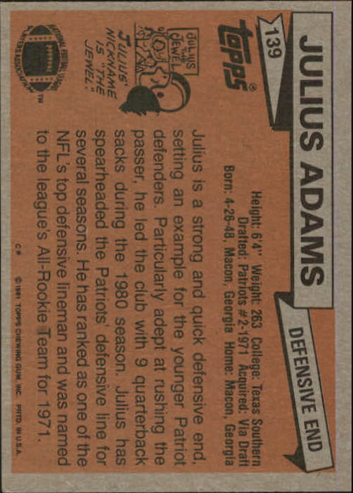 1981 Topps #139 Julius Adams back image