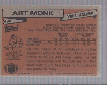 1981 Topps #194 Art Monk RC back image