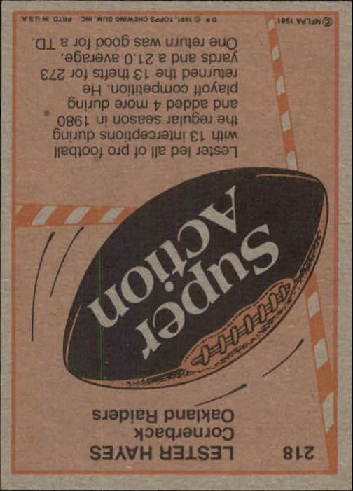 1981 Topps #218 Lester Hayes SA back image