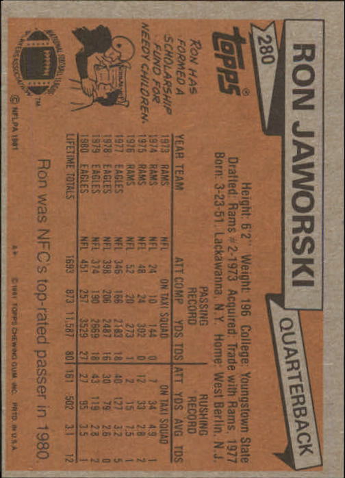 1981 Topps #280 Ron Jaworski back image