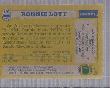 1982 Topps #486 Ronnie Lott RC back image