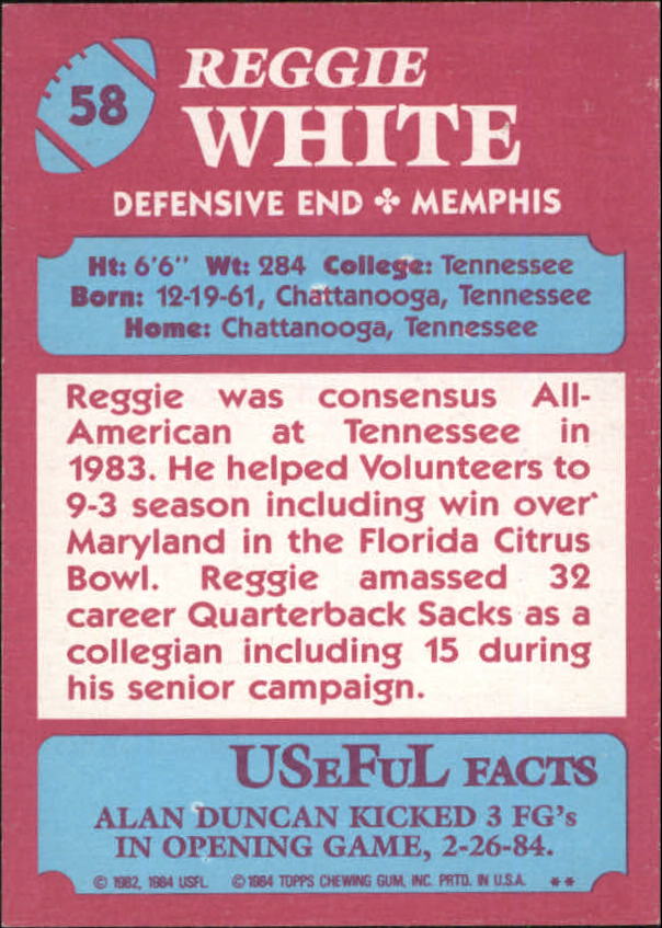 1984 Topps USFL #58 Reggie White XRC back image