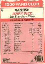 1988 Topps 1000 Yard Club #4 Jerry Rice back image