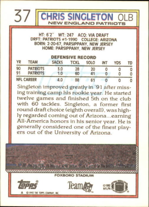 1992 Topps #37 Chris Singleton back image