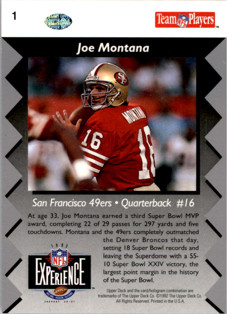 1992-93 Upper Deck NFL Experience #1 Joe Montana MVP back image