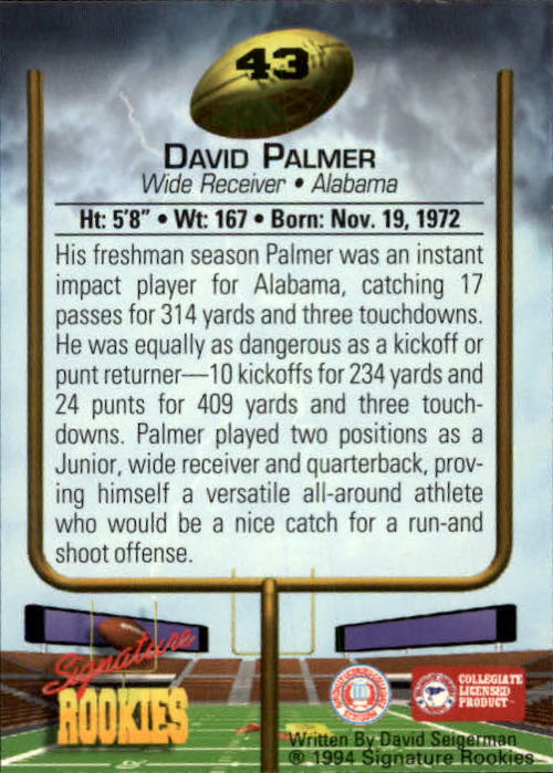 1994 Signature Rookies #43 David Palmer back image