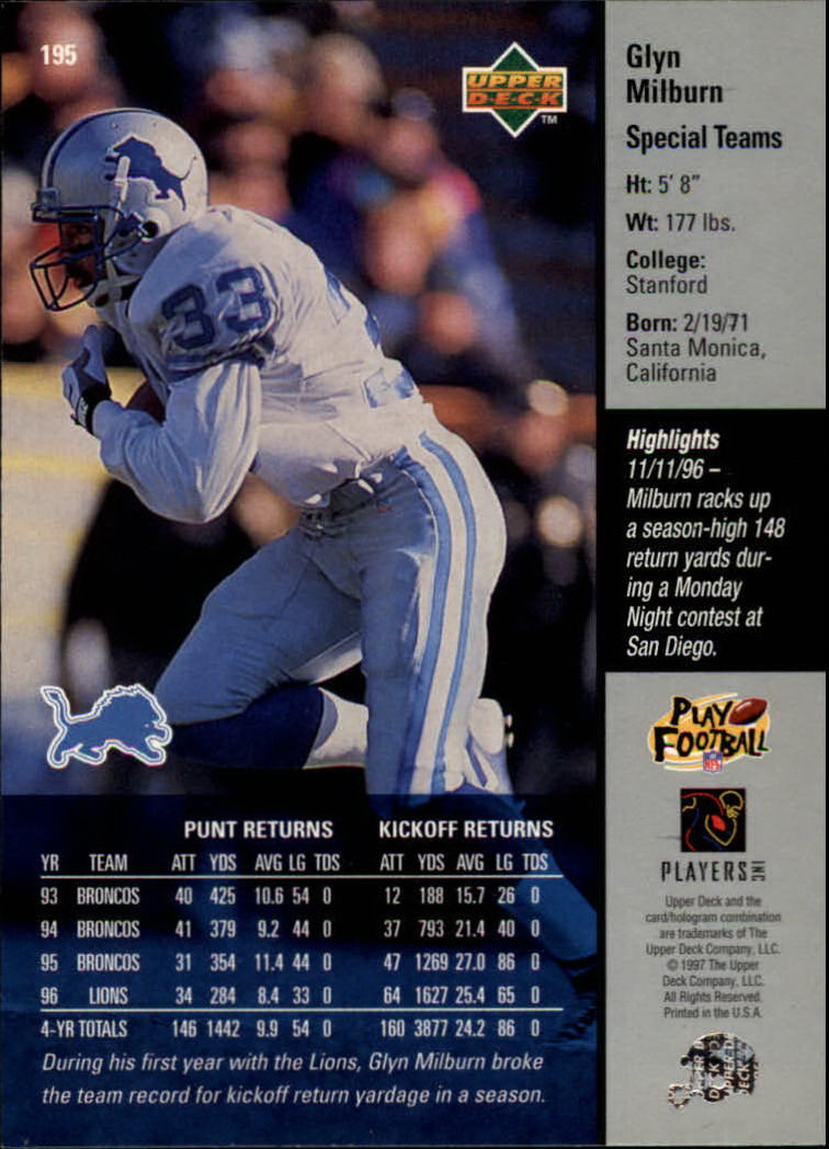 1997 Upper Deck #195 Glyn Milburn back image