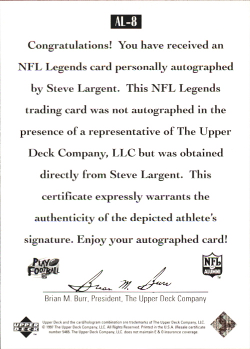 1997 Upper Deck Legends Autographs #AL8 Steve Largent back image