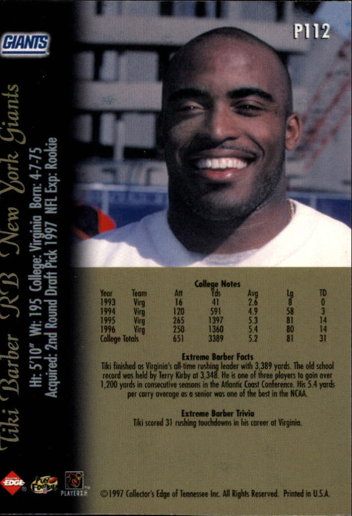 1997 Collector's Edge Extreme Foil #P112 Tiki Barber DC back image