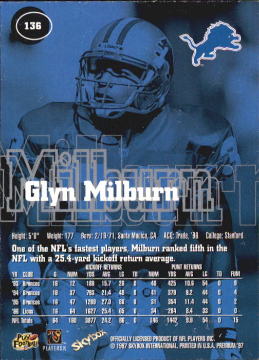 1997 SkyBox Premium #136 Glyn Milburn back image