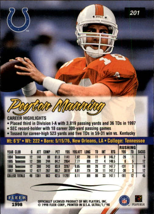 1998 Ultra #201 Peyton Manning RC back image