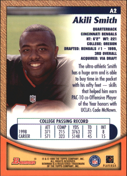 1999 Bowman Autographs #A2 Akili Smith G back image