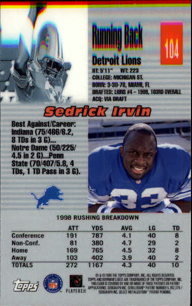 1999 Bowman's Best #104 Sedrick Irvin RC back image