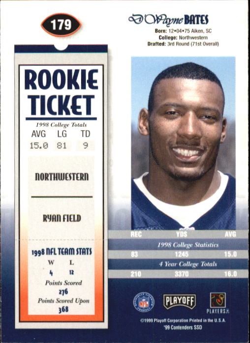 1999 Playoff Contenders SSD #179 D'Wayne Bates AU/1825* RC back image