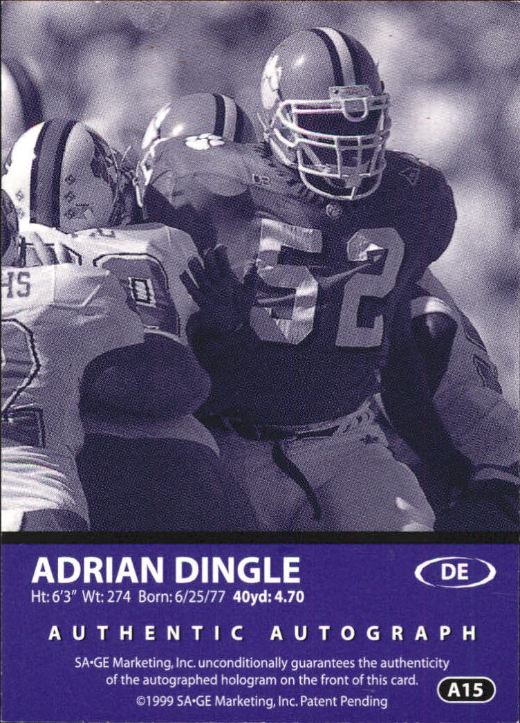 1999 SAGE Autographs Bronze #A15 Adrian Dingle/650 back image