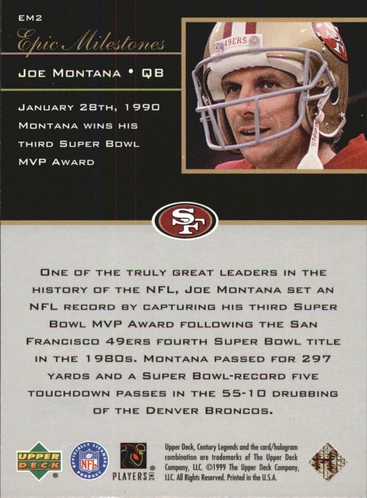 1999 Upper Deck Century Legends Epic Milestones #EM2 Joe Montana back image