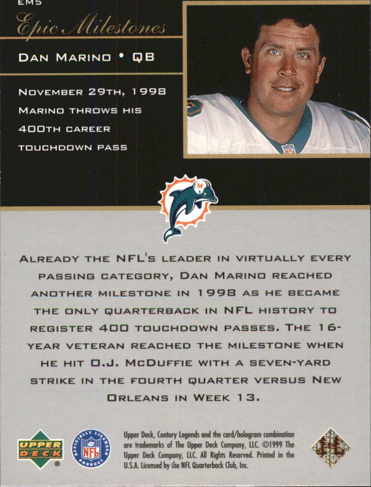 1999 Upper Deck Century Legends Epic Milestones #EM5 Dan Marino back image
