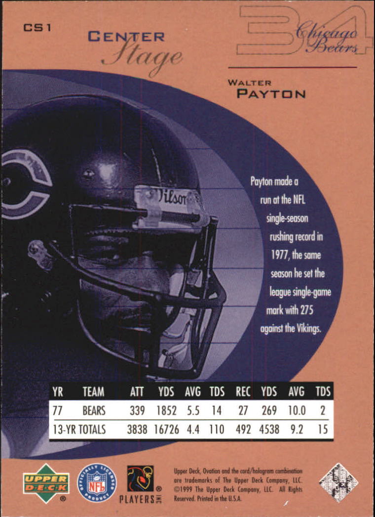 1999 Upper Deck Ovation Center Stage #CS1 Walter Payton back image