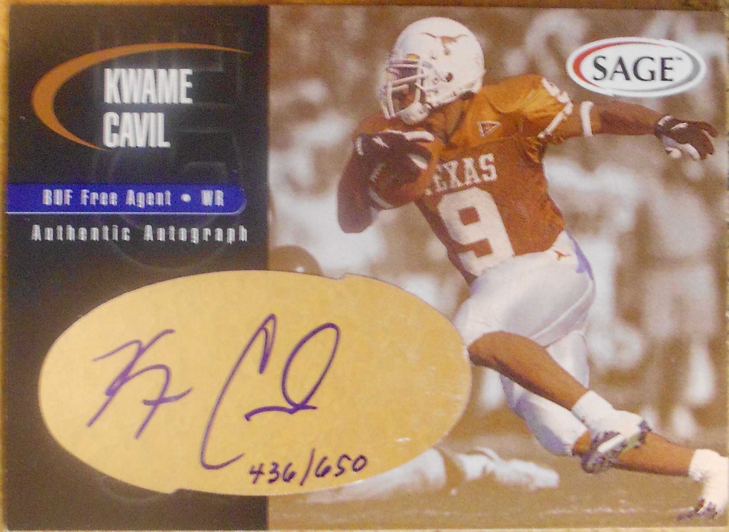 2000 SAGE Autographs Bronze #A8 Kwame Cavil/650