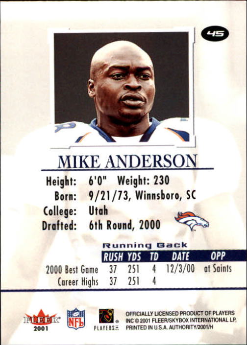 2001 Fleer Authority #45 Mike Anderson back image