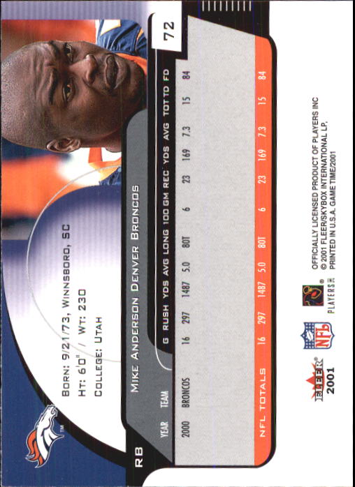 2001 Fleer Game Time #72 Mike Anderson back image