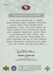 2001 Upper Deck Pros and Prospects Game Jersey #JRJ Jerry Rice back image