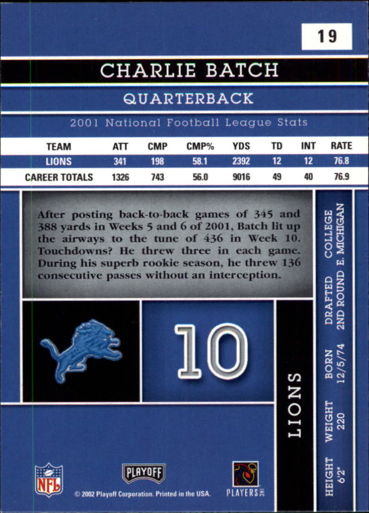 2002 Absolute Memorabilia #19 Charlie Batch back image