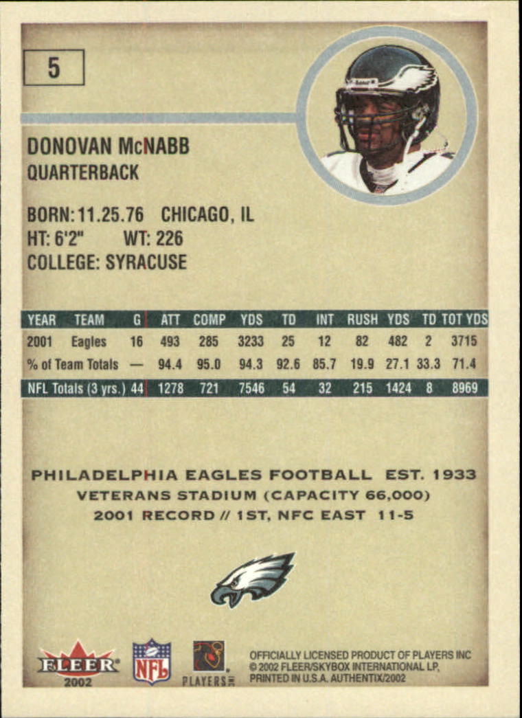 2002 Fleer Authentix #5 Donovan McNabb back image