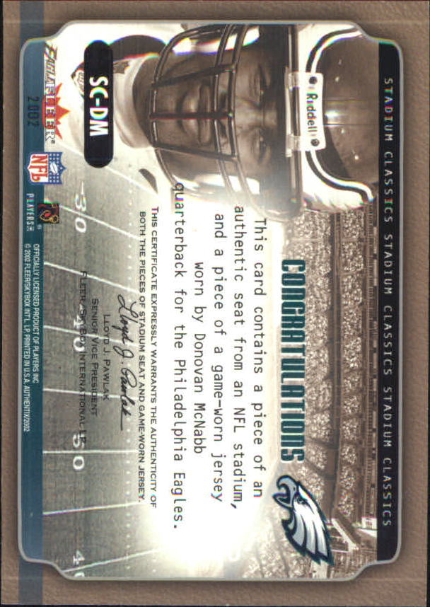 2002 Fleer Authentix Stadium Classics Memorabilia #SCDM Donovan McNabb back image