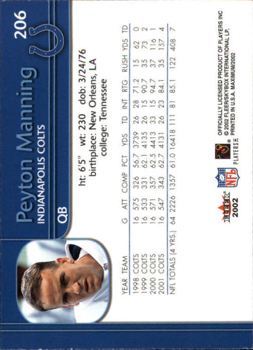 2002 Fleer Maximum #206 Peyton Manning back image