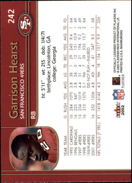 2002 Fleer Maximum #242 Garrison Hearst back image