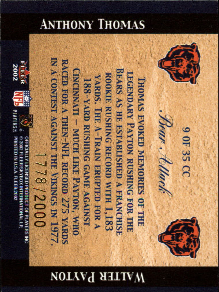 2002 Fleer Tradition Classic Combinations Hobby #9 Anthony Thomas/Walter Payton back image