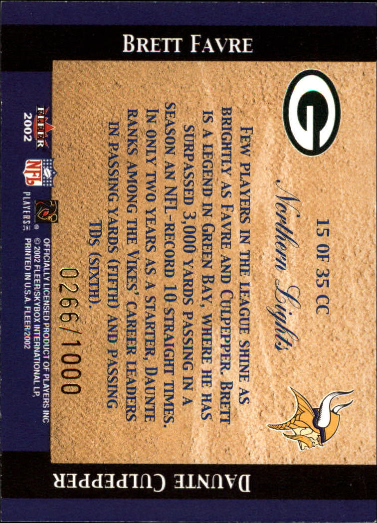 2002 Fleer Tradition Classic Combinations Hobby #15 Brett Favre/Daunte Culpepper back image
