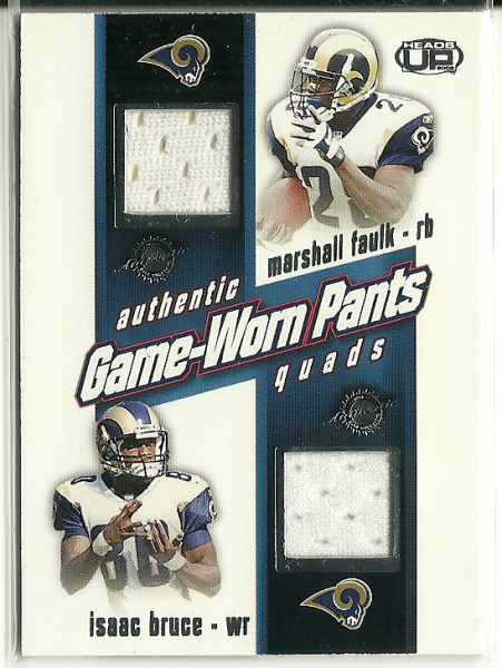 2002 Pacific Heads Up Game Worn Jersey Quads #40 Isaac Bruce/Marshall Faulk/Torry Holt/Kurt Warner P