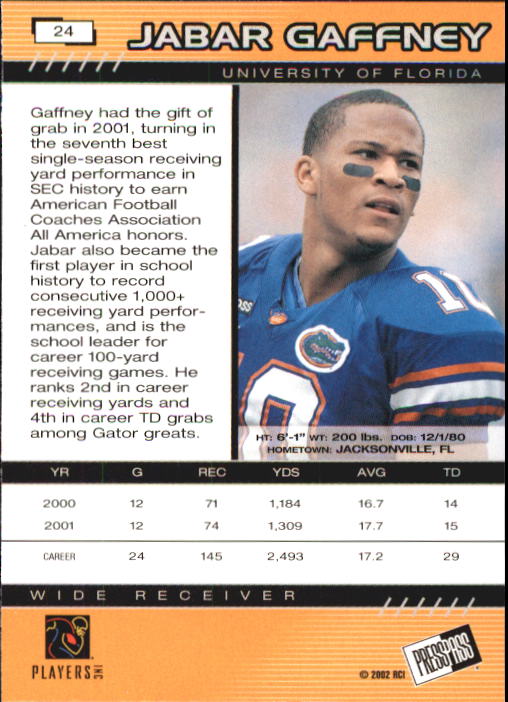 2002 Press Pass #24 Jabar Gaffney back image