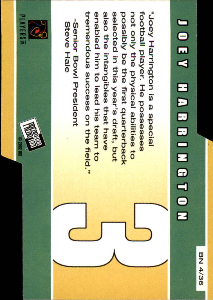 2002 Press Pass Big Numbers #BN4 Joey Harrington back image