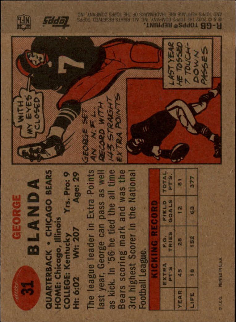 2002 Topps Heritage 1957 Reprints #RGB George Blanda back image