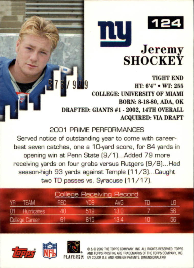 2002 Topps Pristine #124 Jeremy Shockey U back image