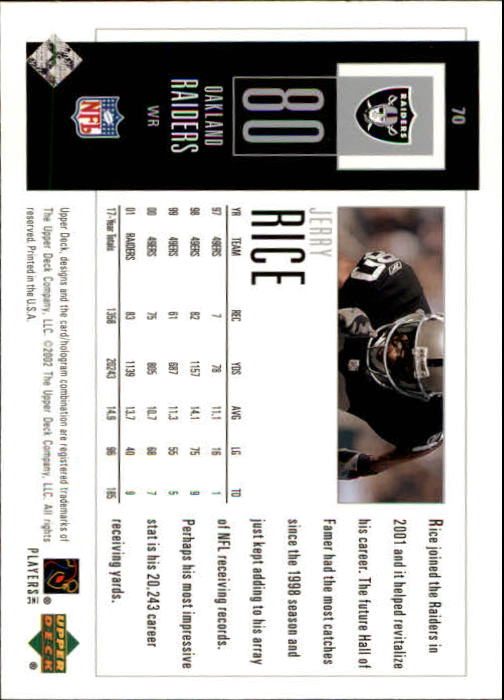 2002 UD Piece of History #70 Jerry Rice back image