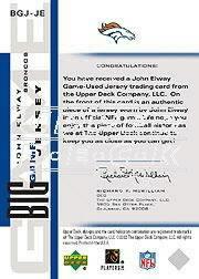 2002 UD Piece of History The Big Game Jersey Patches #BGJJE John Elway back image
