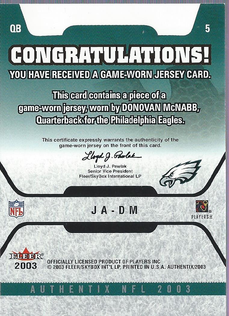 2003 Fleer Authentix Jersey Authentix Ripped #JADM2 Donovan McNabb back image