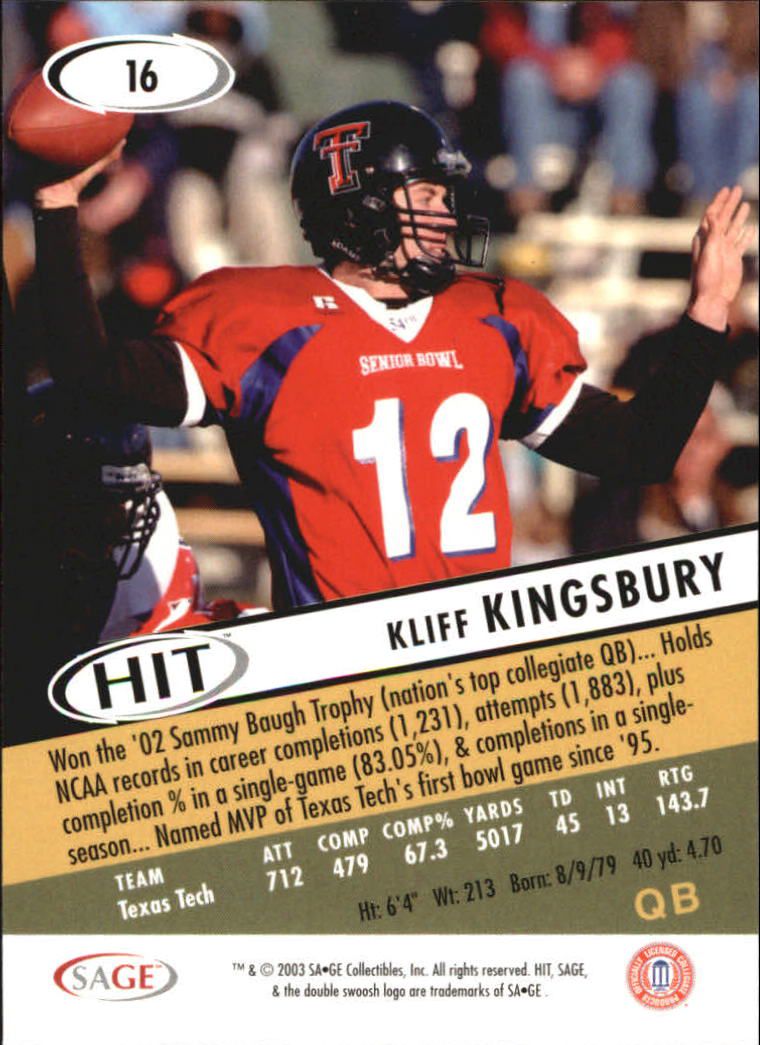 2003 SAGE HIT #16 Kliff Kingsbury back image