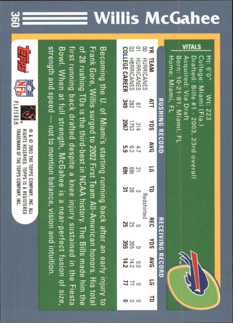 2003 Topps #360 Willis McGahee RC back image